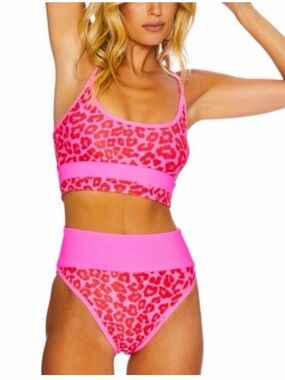 Beach Riot Eva High Waist Bikini in Famous Famous Hot Risk Red Leopard sz S